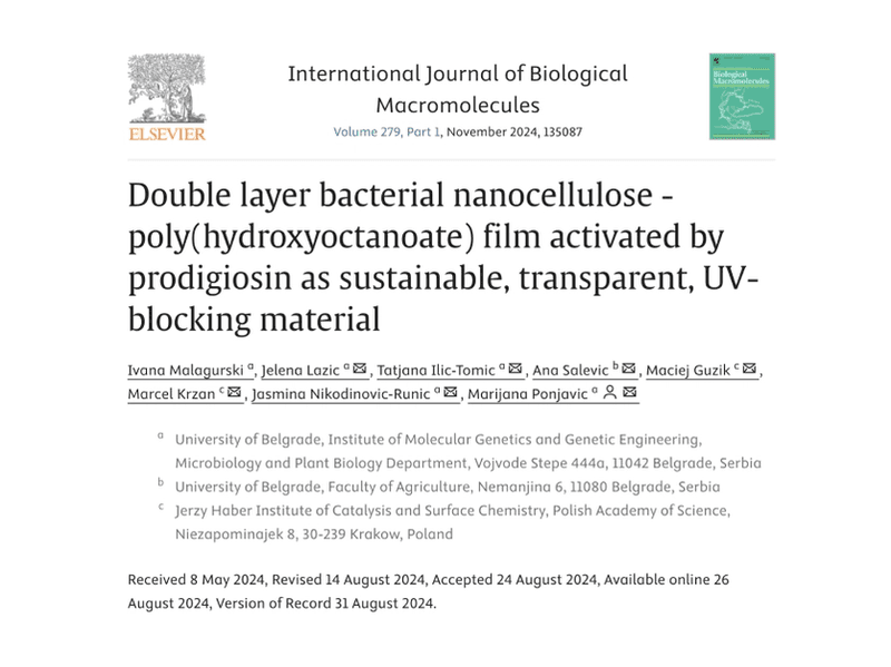 Cover Image for Double layer bacterial nanocellulose - poly(hydroxyoctanoate) film activated by prodigiosin as sustainable, transparent, UV-blocking material