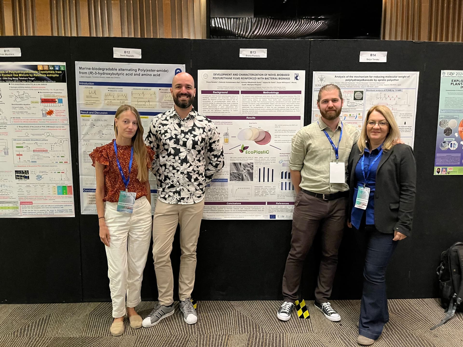 Photo of Marija Nenadovic, Dusan Milivojevic, the B13 poster presenting author Brana Pantelic and Jasmina Nikodinovic-Runic from IMGGE with the poster “Development and characterization of novel biobased polyurethane films reinforced with bacterial biomass”.