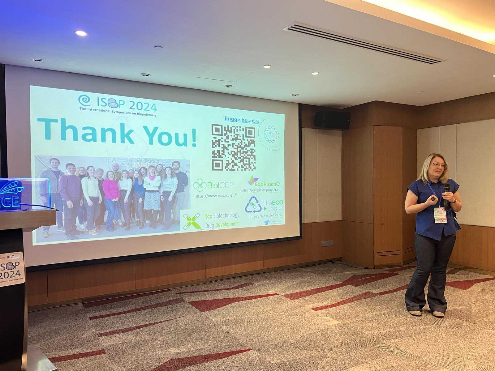 Photos of the presenting author Dr Jasmina Nikodinovic-Runic during the lecture “Tuning properties of microbial biopolymers towards biomedical applications”.