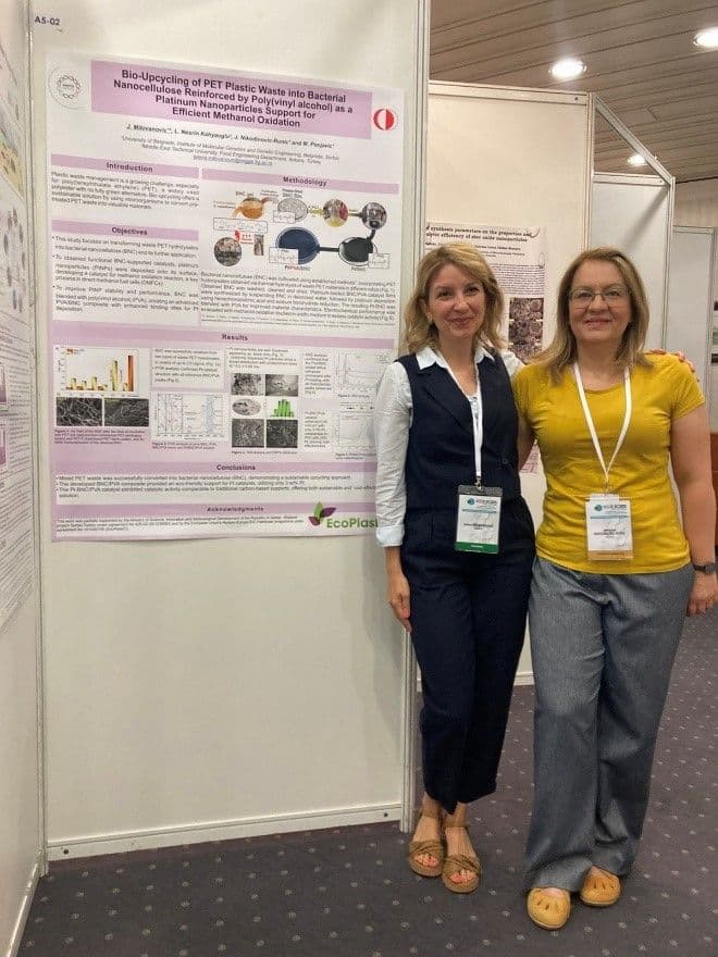 Photo of the presenting author Dr Jelena Milovanovic and IMGGE Team Leader Dr Jasmina Nikodinovic-Runic with the poster "Bio-Upcycling of PET Plastic Waste into Bacterial Nanocellulose Reinforced by Poly(vinyl alcohol) as a Platinum Nanoparticles Support Efficient in Methanol Oxidation"