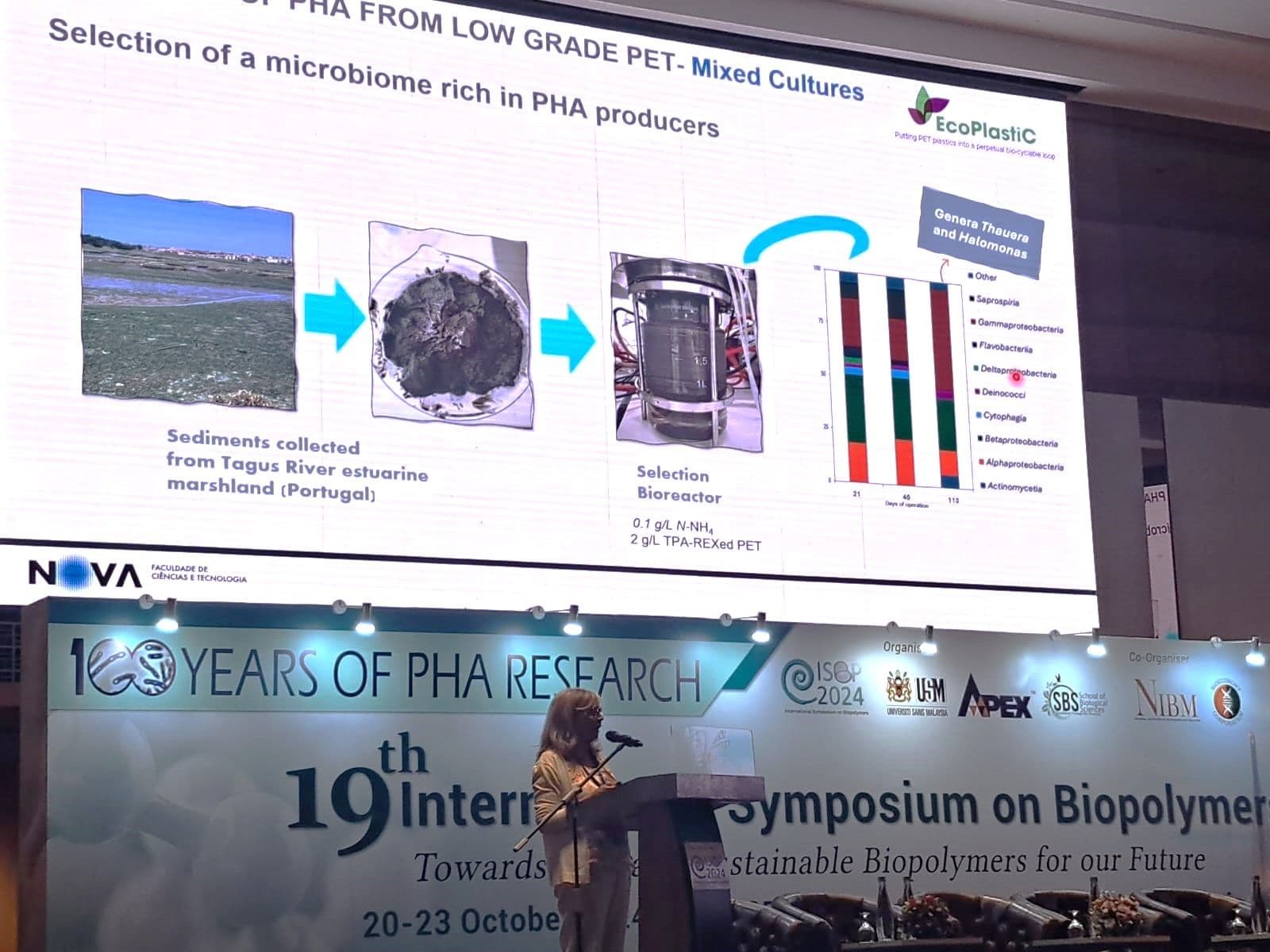 Photo of the presenting author Maria Reis during the lecture “Breaking the plastic wave: Innovating with biopolymer production”.