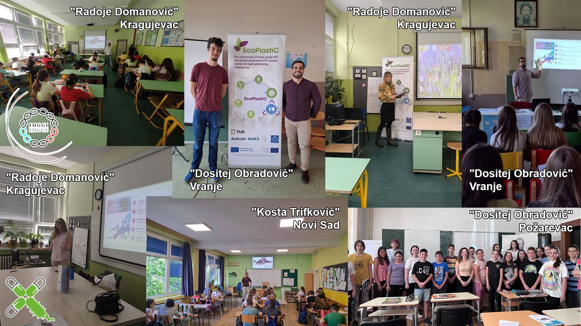 Photo collage of school visits carried out by the IMGGE team