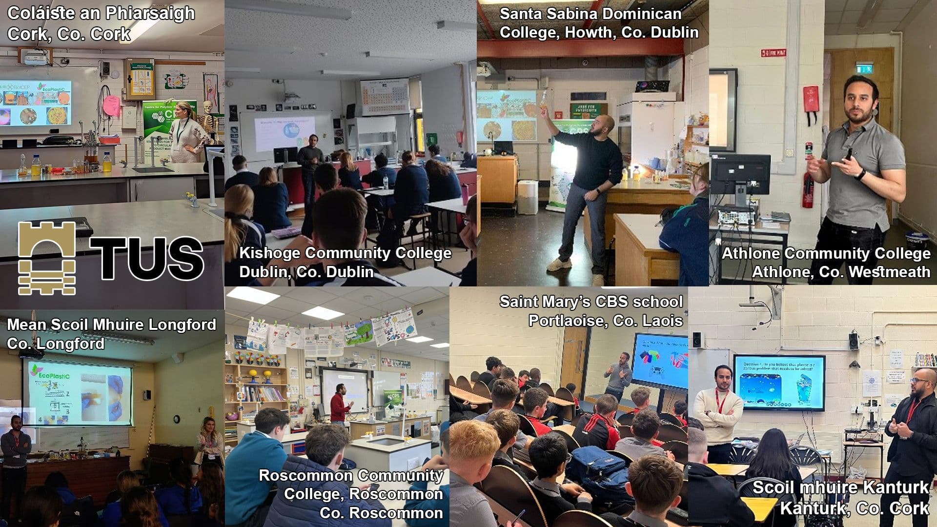 Photo collage of school visits carried out by the TUS team